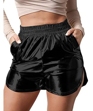 Haola Women's Shiny Metallic Shorts Summer Yoga High Waist Hot Dance Shorts Small Black