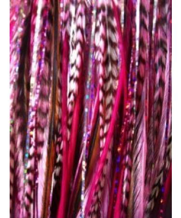 Pink Feather Hair Extensions with 2 Glitter Strands Bonded Together At the Tip 5 Feathers in total bonded together at the tip