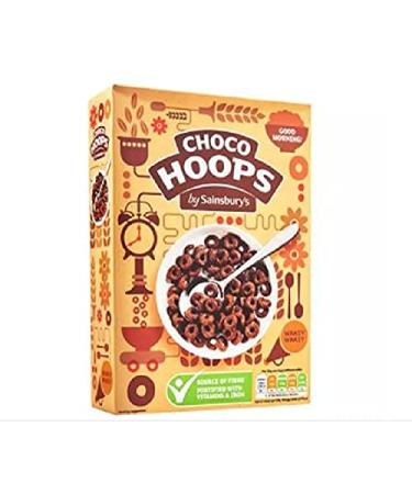 Sainsbury's Choco Hoops 375g - Wheat and rice hoops, fortified with vitamins and iron, covered in chocolate flavoured syrup.