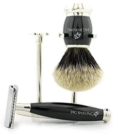 Jag Shaving Double Edge Shaving Set - Silver-Tipped Badger Brush & Stainless Steel Stand | Premium International Shipping - Buy Online on GoSupps.com