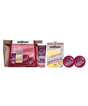 Soap & Glory Berry & Bright Toiletry Bag - Gift Set for Christmas 2023 - Berry & Bright Body Wash Body Butter Bright & Beautiful Radiance Sheet Mask and Glittery Toiletry Bag