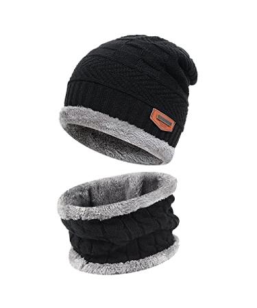 Kids Boys Girls Winter Warm Knit Beanie Hat Cap and Scarf Set with Fleece Lining Black One Size