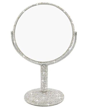 Bestbling Bling Rhinestone Portable Magnified Double Sided Swivel Makeup Vanity Mirror  360 Rotate Makeup Mirror Round Shaped Two-Sided Makeup Mirror (Silver)