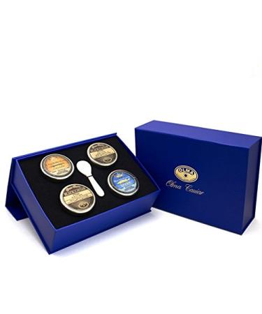 OLMA Four Seasons Black Caviar Gift Box - Includes 4 oz of Domestic Fish Roe - Bowfin, Piluga, Paddlefish & Hackleback Sturgeon - Mother of Pearl Serving Spoon - Overnight Delivery 1 Count (Pack of 1)