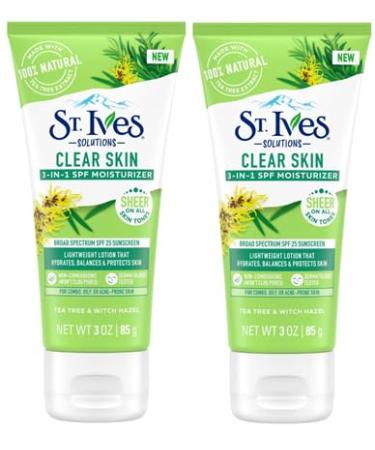 St. Ives Clear Skin Lotion - 3-in-1 SPF 25 Face Moisturizer for Acne Prone Oily or Combo Skin Lightweight Sheer Daily Face Lotion with Tea Tree Extract & Witch Hazel 3 Fl Oz (85g) - Pack of 2