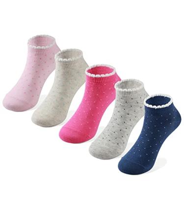 COTTON DAY Kids Girls Fashion Low Cut Ankle Shorty Socks Spotty Pattern Ruffle Top 5 Pack 6-8 Years