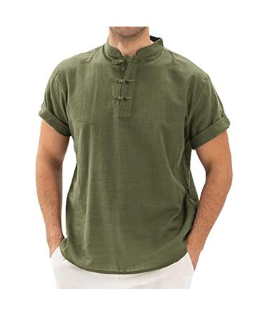 Linen Shirts for Men Men's Casual Button-Down Shirts Cotton Linen Short Sleeve Hawaiian Shirt Relaxed-Fit Solid Beach Tops Large Shirts for Men-x-19-green