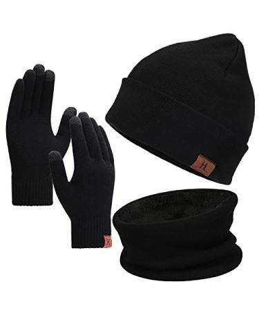 Winter Beanie Hat Scarf Touchscreen Gloves Set for Men and Women, Beanie Gloves Neck Warmer Set with Warm Knit Fleece Lined Black One Size