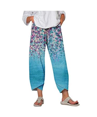 NLOMOCT Black Pants for Women Women's Cotton Linen Pants Elastic Waist Drawstring High Rise Casual Loose Trousers Pants Small Z1-blue
