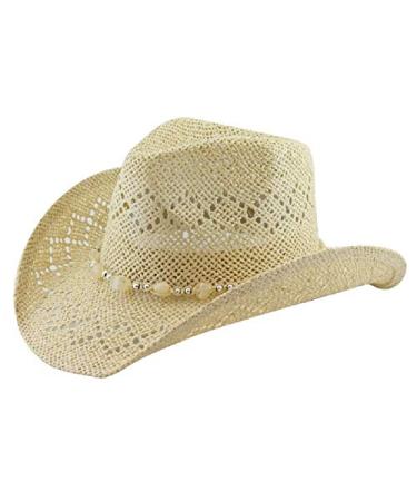 Vamuss Straw Cowboy Hat for Women with Beaded Trim and Shapeable Brim Cream