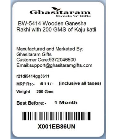 Ghasitaram Gifts Rakhi for Brother Rakhis Online- BW-5414 Wooden Ganesha Rakhi with 200 GMS of Kaju katli - Buy Online on GoSupps.com
