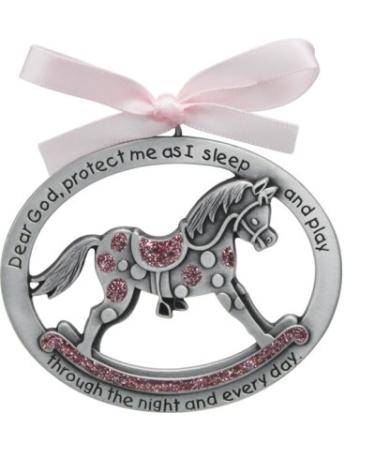 Oskal Sweet ROCKING HORSE Crib Medal for Baby GIRL with PRAYER Verse PEWTER Finish - CHRISTENING/SHOWER GIFT - Baptism KEEPSAKE w/PINK RIBBON - INFANT - Newborn (Original Version)