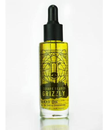 100% Natural Beard Oil - For a Long Strong & Thick Beard - Fresh Essential Oil Aroma - Raw Botanical Hair Strengthening Oils - 1.2 oz / 35 ml (Square Bear(D) Grizzly (Fir Tea Tree & Cedarwood))
