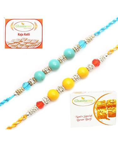 Ghasitaram Gifts Rakhi for Brother Rakhis Online - Set of 2-6991B Diamond Pearl Rakhi with 200 GMS of Besan Barfi and 200 GMS of Kaju Katli Rakhi Set with 200 gms of Besan Barfi & Kaju Katli