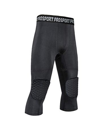 TUOY Men's Padded Pants with Knee Pad 3/4 Capri Compression Pants for Basketball Football Baseball Adult Sizes Medium Black