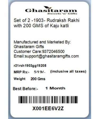 Ghasitaram Gifts Rakhi for Brother Rakhis Online - Set of 2-1903- Rudraksh Rakhi with 200 GMS of Kaju katli - Buy Online on GoSupps.com