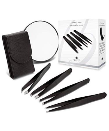 Brilliant Beauty 4-Piece Professional Tweezer Set with Case & Mirror by Precision Tweezers Kit Slant Pointed Curved & Flat Tips for Eyebrow Ingrown Hair Splinter Removal Black 1 Count