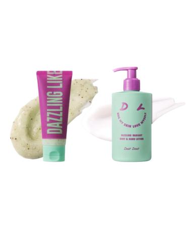 Dear Doer Dazzling Body Scrub in Tube - Radiant & Gentle Exfoliator with Grape Seed 3.38 fl oz/Dazzling Radiant Body & Hand Lotion | Vegan | 10.14 fl.oz - pH-Balanced Non-Sticky Vitamin Lotion