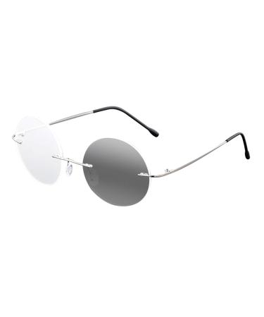 Men Women Round Rimless Memory metal Multifocal Progressive Reading Glasses Photochromic Sun Reader Silver 1.5 x