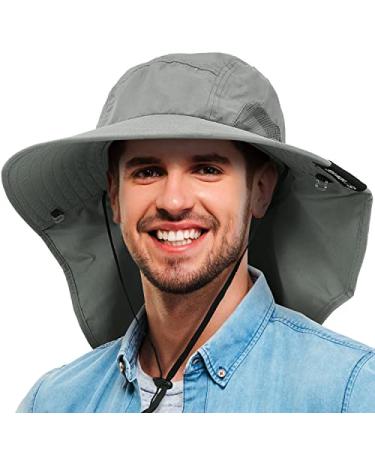 Mens Wide Brim Sun Hat with Neck Flap Fishing Safari Cap for Outdoor Hiking Camping Gardening Lawn Field Work #Grey One Size