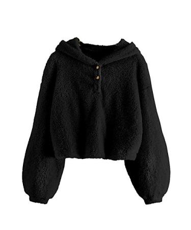 Kids Girl's Fleece Hoodie Warm Loose Button Down Pullover Jacket Top Coat Floral Long Sleeve Shirts Black 9-10 Years
