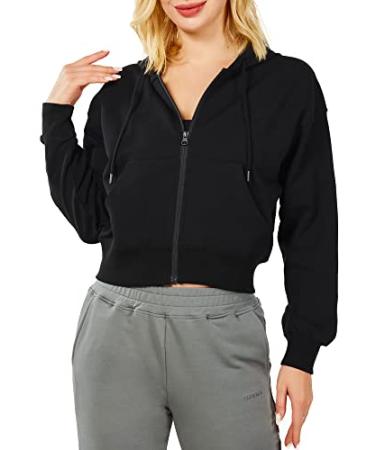 GRAMVAL Women's Active Workout Long Sleeve Drawstring Full Zip Hooded Jacket Crop Sweatshirt Black Medium