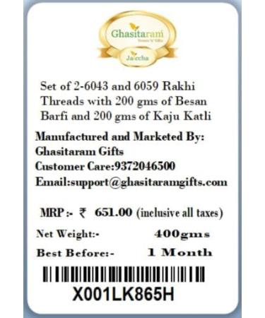 Ghasitaram Gifts Rakhi for Brother Rakhis Online - Set of 2-6043 and 6059 Rakhi Threads with 200 GMS of Besan Barfi and 200 GMS of Kaju Katli - Buy Online on GoSupps.com