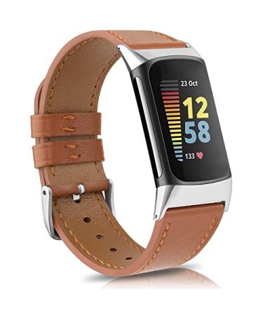 Tobfit Leather Band for Fitbit Charge 5 Bands for Women Men, Genuine Grain Leather Replacement Watchband Straps Accessories Wristbands for Fitbit Charge 5 5.7"-8.7" Brown