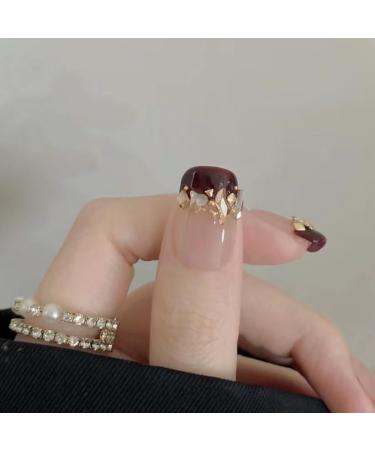Handmade Wearing Armor Rich and Noble Thousand Gold Explosive Sparkling Champagne Broken Diamond Red French New Year Nail (Size : M)