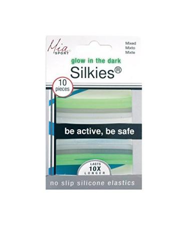 Mia Silkies Silicone Hair Elastics That Glow In The Dark Be Active Be Safe Translucent Grey Clear Green Colors-Lasts 10 Times Longer Than Regular Rubber Bands Women And Girls No Slip 10 pcs 2 Inch (Pack of 10) Black...