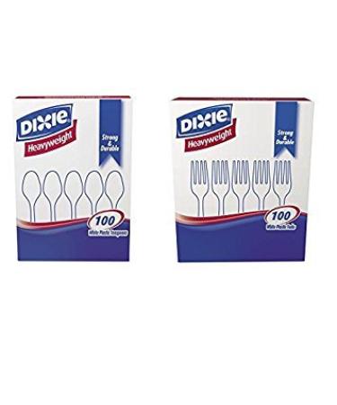 VALUE PACK: Dixie Plastic Tableware, 100 Heavyweight Teaspoons, & 100 Heavyweight Forks, White (200 Pieces)