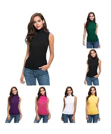 Angxiwan Turtleneck Tank Tops for Women Slim fit Sleeveless Solid Color Blouse Basic Base Shirts Black X-Large