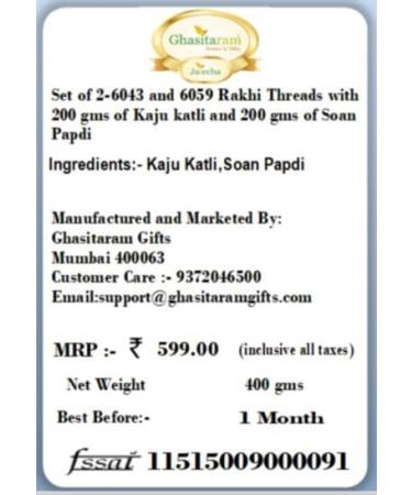 Ghasitaram Gifts Rakhi for Brother Rakhis Online - Set of 2-6043 and 6059 Rakhi Threads with 200 GMS of Kaju katli and 200 GMS of Soan Papdi - Buy Online on GoSupps.com