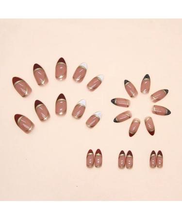 24 Pcs Almond French Tip Press on Nails with Gold Line Stripes and Leopard Designs - Glossy False Nails for Women and Girls - Buy Online on GoSupps.com