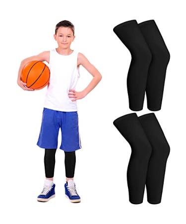 Kids Long Compression Leg Sleeves Non Slip UV Protection Thigh Calf for Boy Girl Youth Basketball Running Sport Black Medium