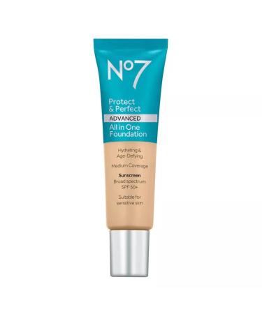 No7 Protect & Perfect Advanced All in One Foundation - Deep Honey - Light to Buildable Coverage - Hydrating Foundation with SPF 50 - Reduces Redness & Blurs Visible Pores (30ml)