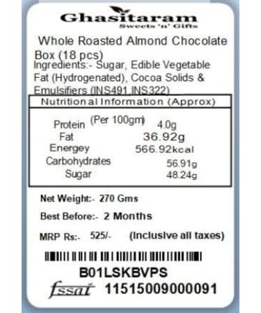 Ghasitaram Gifts Whole Roasted Almond Chocolate Box (18 pcs) - Buy Online on GoSupps.com