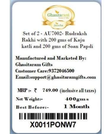 Ghasitaram Gifts Rakhi for Brother Rakhis Online - Set of 2 - AU7002- Rudraksh Rakhi with 200 GMS of Kaju katli and 200 GMS of Soan Papdi 2 Rakhis with 200 gms of Kaju katli and Soan Papdi - Buy Online on GoSupps.com