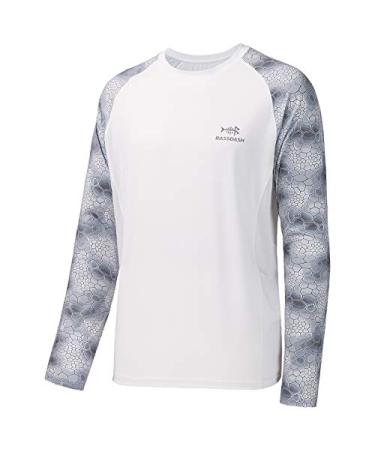 BASSDASH UPF 50 Fishing Tee for Men Camo Long Sleeve Shirt Quick Dry Sweatshirts White/Grey Hexagonal Scales Medium