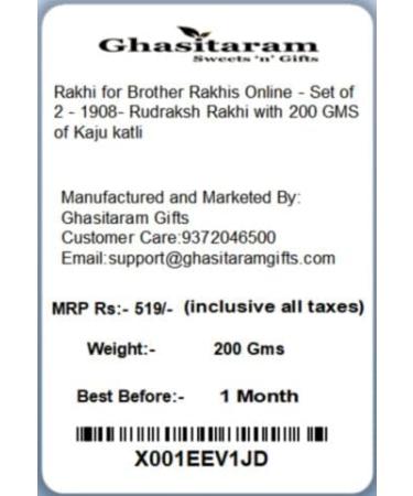 Ghasitaram Gifts Rakhi for Brother Rakhis Online - Set of 2-1908- Rudraksh Rakhi with 200 GMS of Kaju katli - Buy Online on GoSupps.com