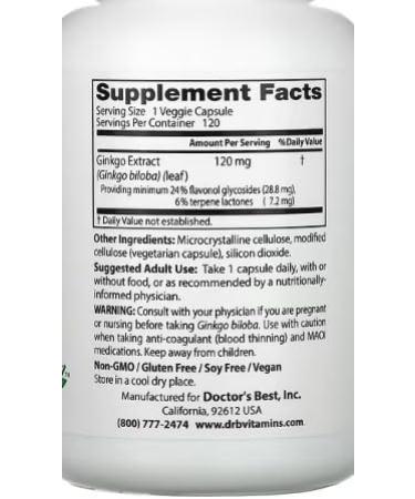 Doctor's Best Ginkgo Biloba Extra Strong - 120mg - 120 Vegetable Capsules | Memory and Circulation Support - Buy Online on GoSupps.com