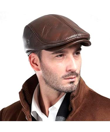 icehao Men's Adjustable Newsboy Hat Beret Hat Driving Hunting Fishing Hat Genuine Leather Ivy Cap Fashion Beret Hat Flat Cap. Brown