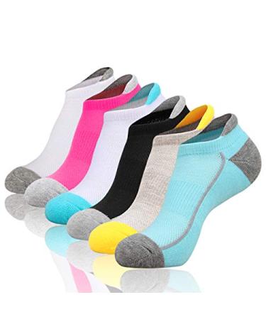 Heatuff Womens Low Cut Ankle Athletic Socks Cushioned Running Performance Breathable Tab Sock 6 Pack Black 1,white 1,red 1,yellow 1,blue and Grey 1,blue and White 1.