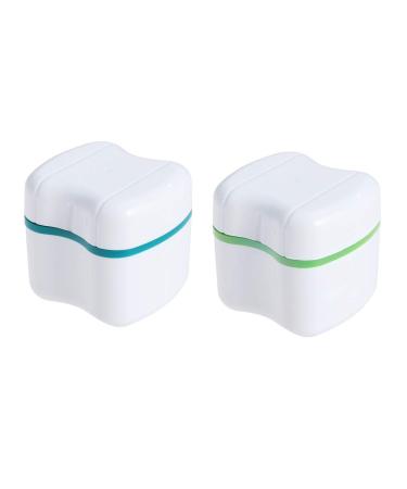 Faruta prosthesis suitcase dentures cup with sieve plastic dentures bath box artificial teeth storage container with basket holder holder for travel cleaning 2 pieces (color: green + blue)