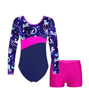 Sxiwei Kids Girls Active Gymnastics Dance Outfits One Piece Ballet Leotard with Booty Shorts Set Fairy Navy 6 Years