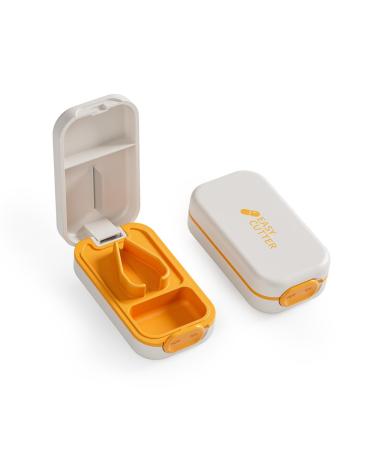 Compact Pill Cutter with Builtin Moistureproof Storage Compartment Travel Pill Splitter with Silicone V-Shaped Holder Small Pill Cutter with Switch Button Lock (White Orange)