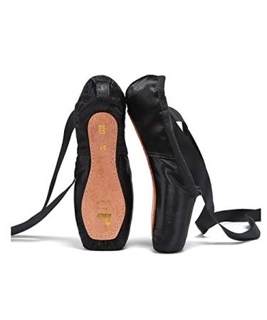Nexete Ballet Dance Pointe Shoes, Satin Dance Slipper Flats with Toe Pad & Ribbon, Leather Soles for Girl Women (Please Order Street Size 1/2-1 up) 6.5 Black