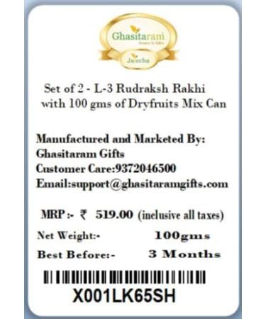 Ghasitaram Gifts Rakhi for Brother Rakhis Online Set of 2 - L-3 Rudraksh Rakhi with 100 GMS of Dryfruits Mix Can 2 Rakhi with 100 gms of Dryfruits Mix Can - Buy Online on GoSupps.com