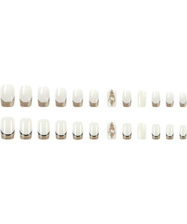 French Tip Press on Nails - Medium Square style fake nails Press On Nails with Nail Tips Golden Sparkling Rhinestones Design Glossy Milk White press on nails Acrylic False Nails Cute Artificial Nail - Buy Online on GoSupps.com