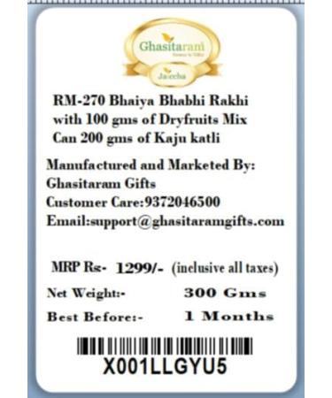 Ghasitaram Gifts Rakhis Online - Rakhi for Brother-RM-270 Bhaiya Bhabhi Rakhi with 100 GMS of Dryfruits Mix Can 200 GMS of Kaju katli Rakhi Set & 100g Dryfruits Mix Can 200g Kaju katli - Buy Online on GoSupps.com